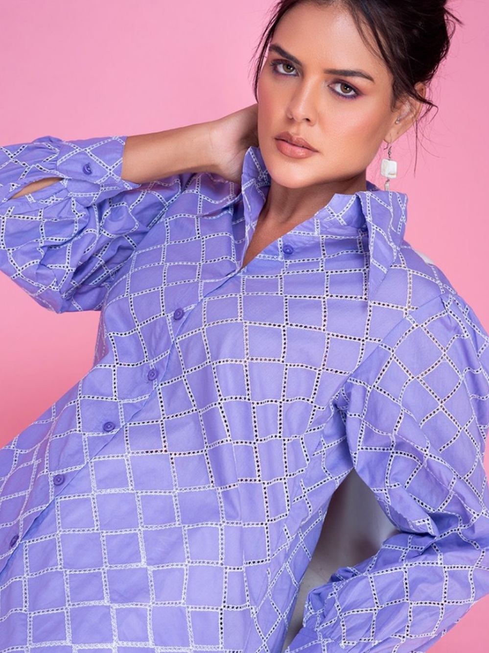 The Shirt by Rochelle Behrens Lavender Check Button-Front Blouse